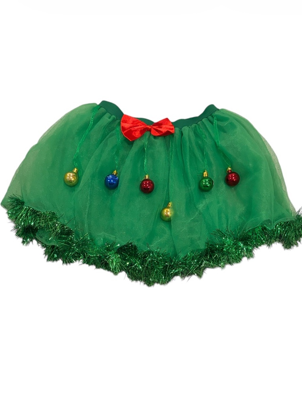 Green Christmas Tree Tulle Holiday Tutu Skirt with Ornaments and Red Bow